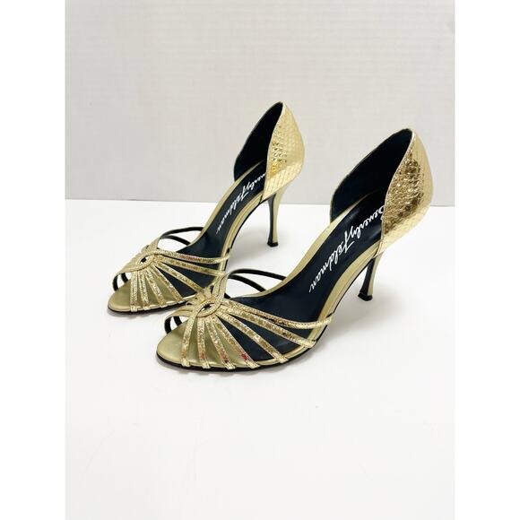 Beverly Feldman Gold Metallic Open Toe Gold Heels size 8 - Picture 2 of 9